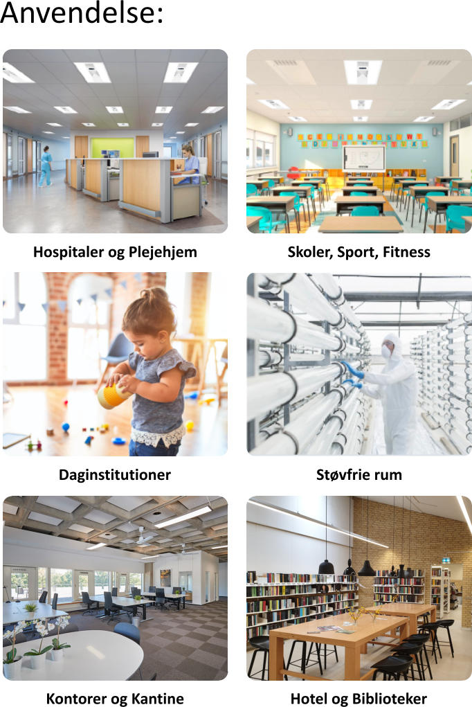 Anvendelse: Hospitaler og Plejehjem Skoler, Sport, Fitness Daginstitutioner Støvfrie rum Kontorer og Kantine Hotel og Biblioteker